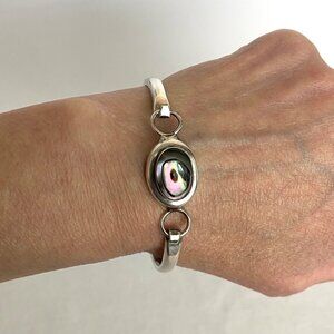 VTG Sterling Silver 925 Taxco Mexico Oval Abalone Cabochon Bangle Bracelet 7"